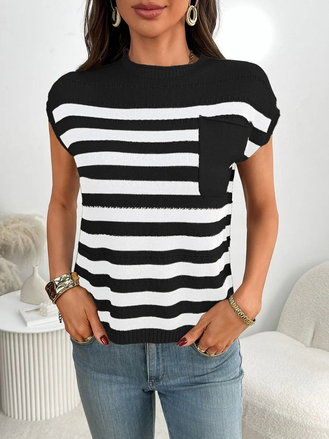 Striped Mock Neck Cap Sleeve Knit Top - cas7m