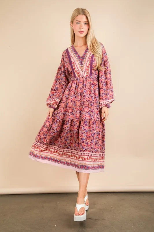 VERY J Floral Printed Boho V-Neck Balloon Sleeve Dress - cas7m