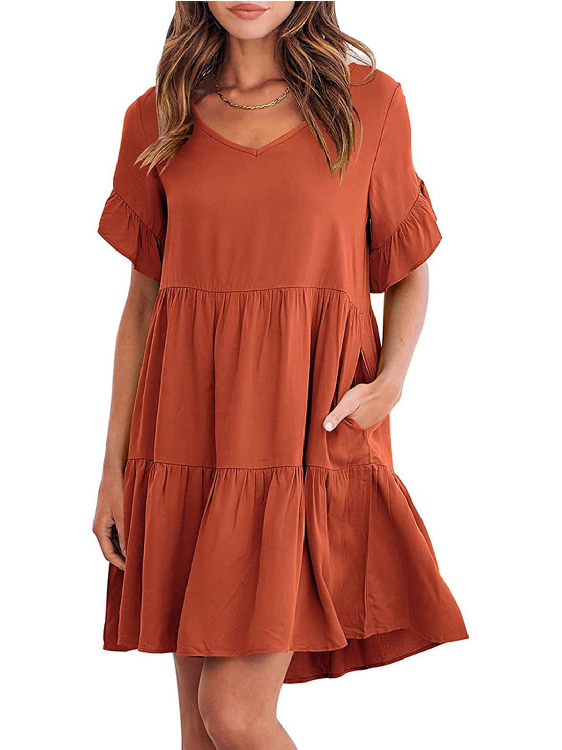 Ruffled Sleeve Tiered Mini Dress - cas7m