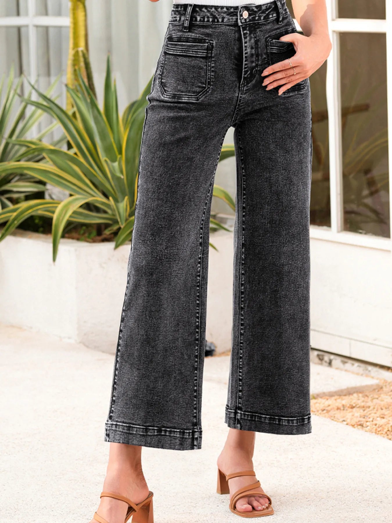 High-Waisted Wide Leg Washed Jeans - cas7m