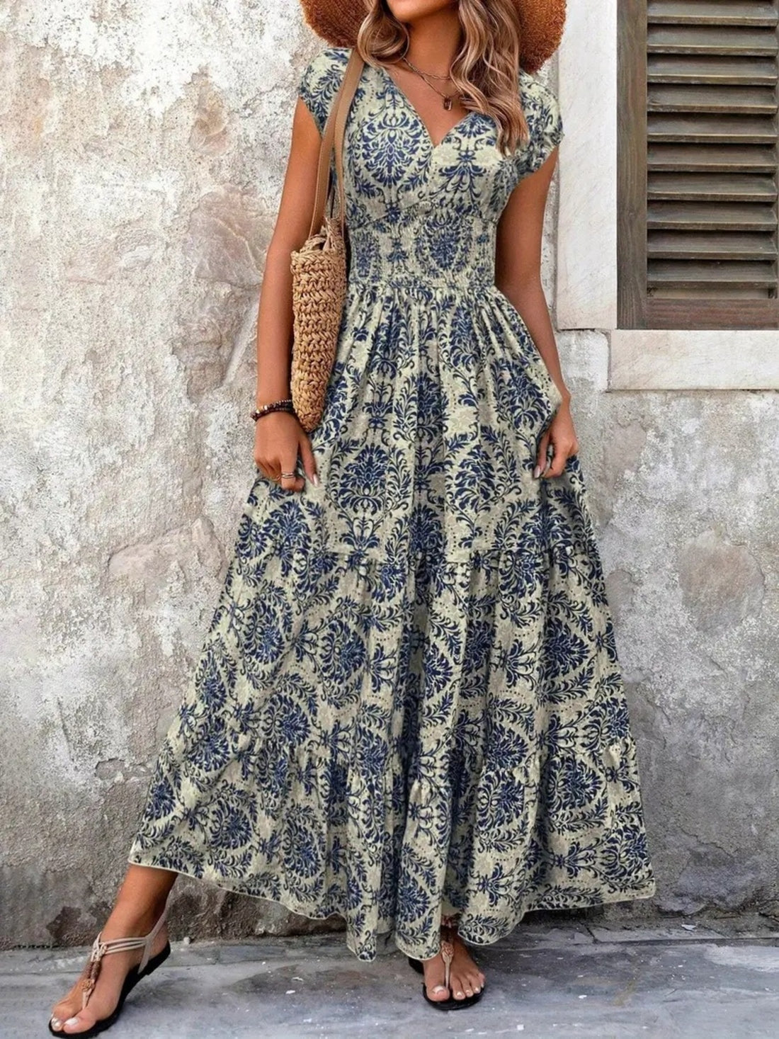 Smocked Tiered Maxi Dress - Chic Polyester Statement - cas7m