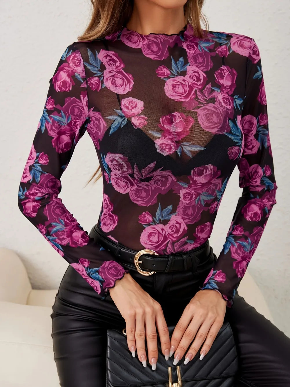 Floral Mock Neck Long Sleeve Top - cas7m