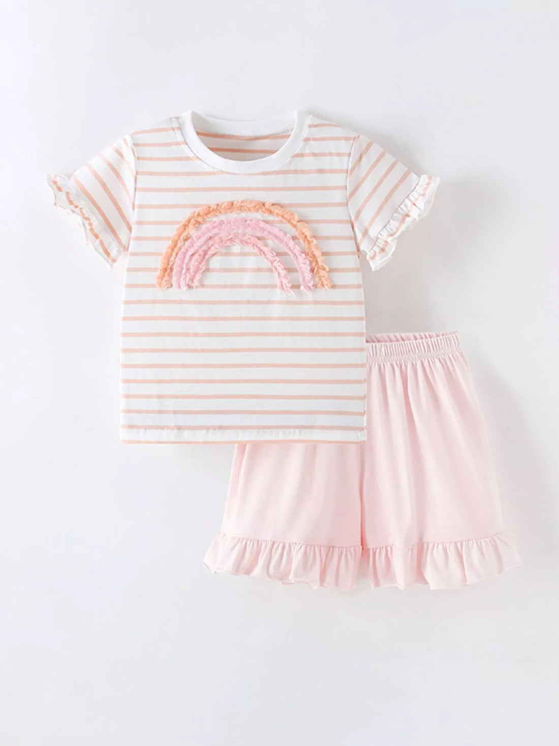 Children's Rainbow Striped Ruffle Trim Tee and Shorts Set - cas7m