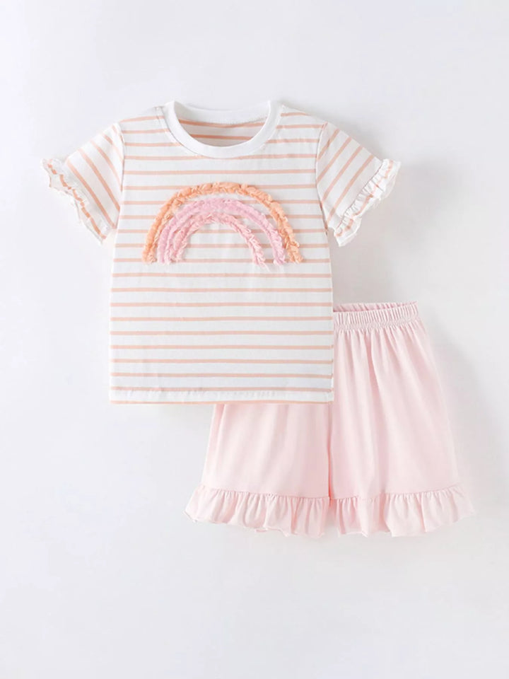 Children's Rainbow Striped Ruffle Trim Tee and Shorts Set - cas7m