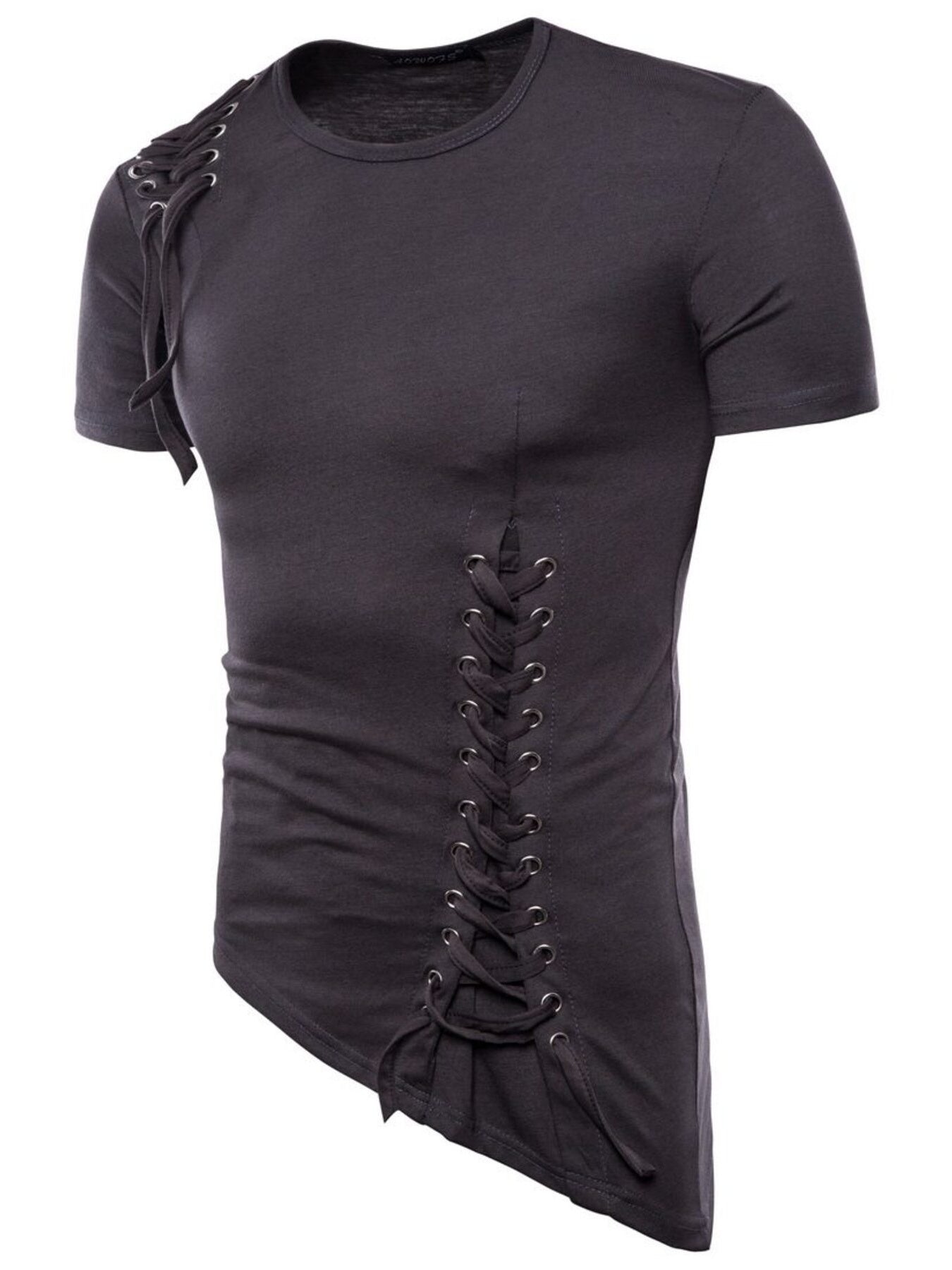 Men's Lace-Up Asymmetric Hem T-Shirt - cas7m