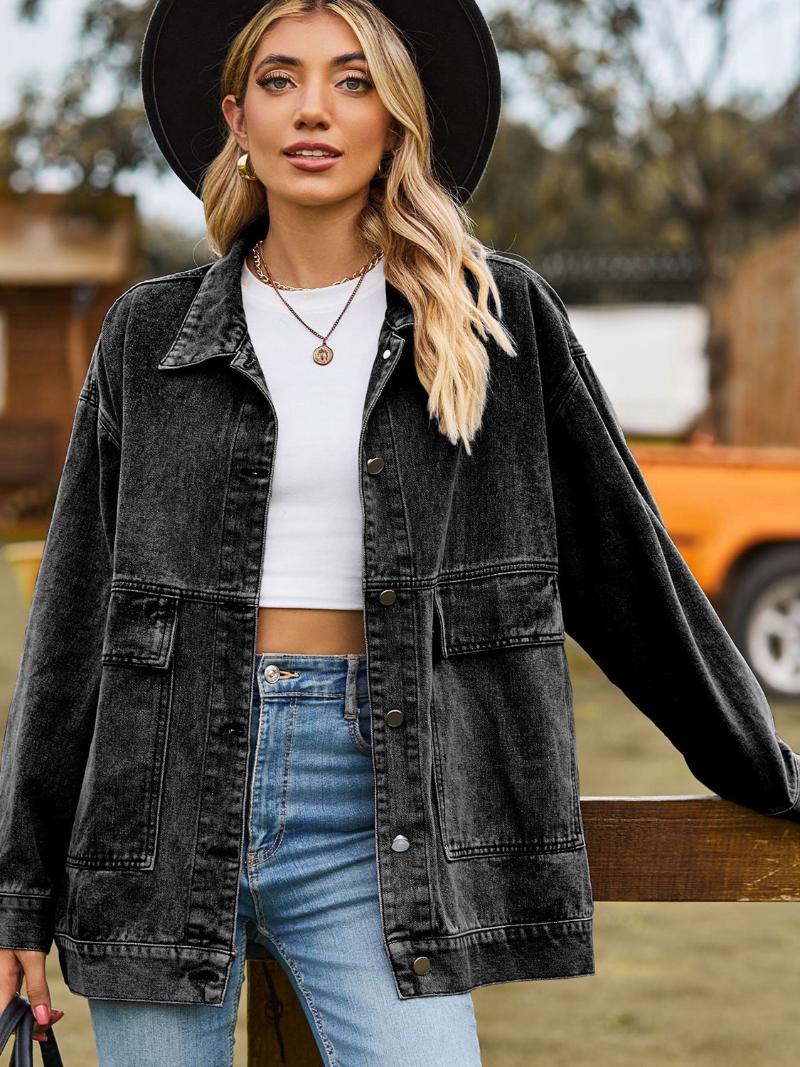 Dropped Shoulder Denim Jacket with Pockets - cas7m