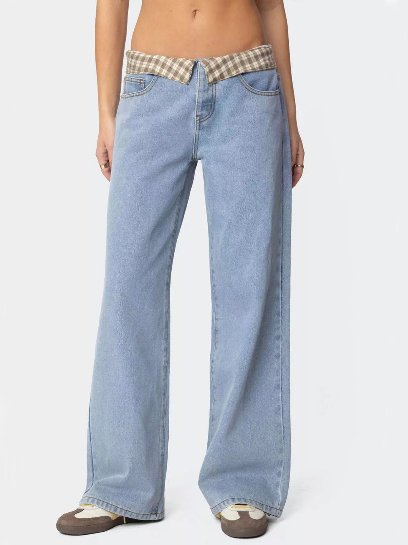 Plaid Trim Wide Leg Jeans - cas7m