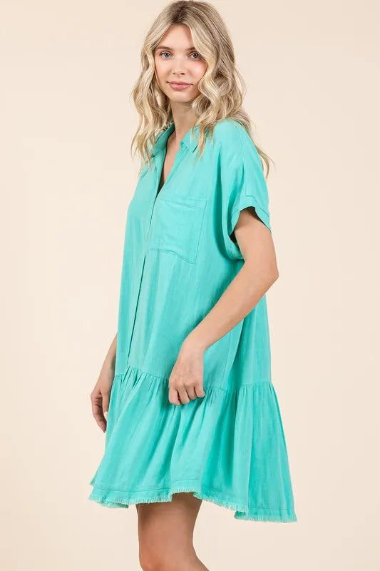 Mittoshop Linen Blend Button Down Shirt Mini Dress - cas7m