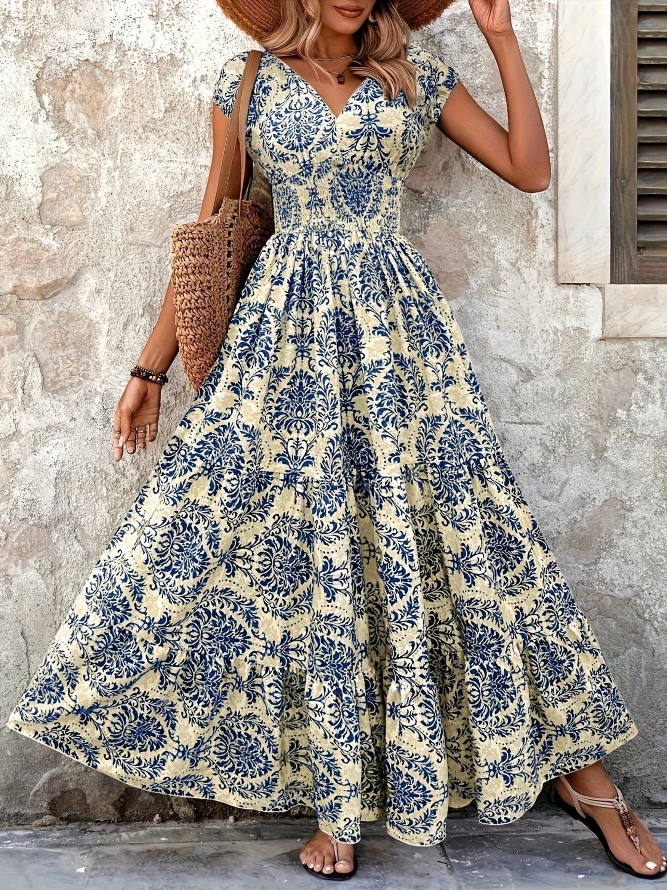 Smocked Tiered Maxi Dress - Chic Polyester Statement - cas7m
