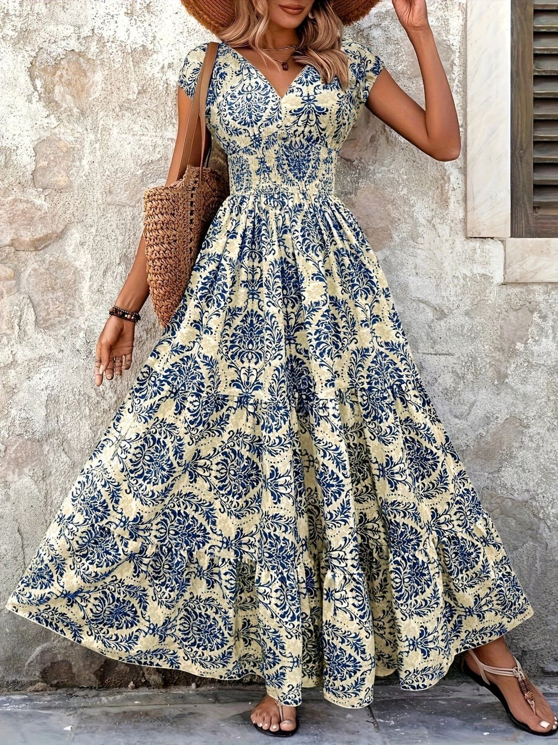 Smocked Tiered Maxi Dress - Chic Polyester Statement - cas7m