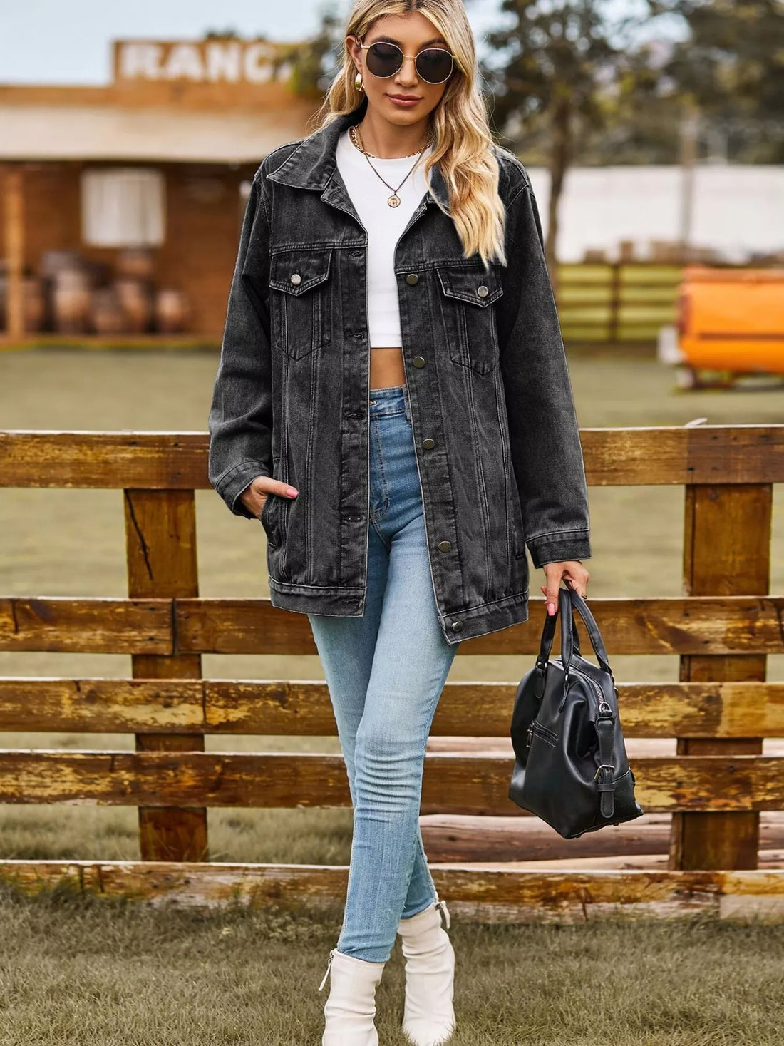 Button Up Long Sleeve Denim Jacket - cas7m