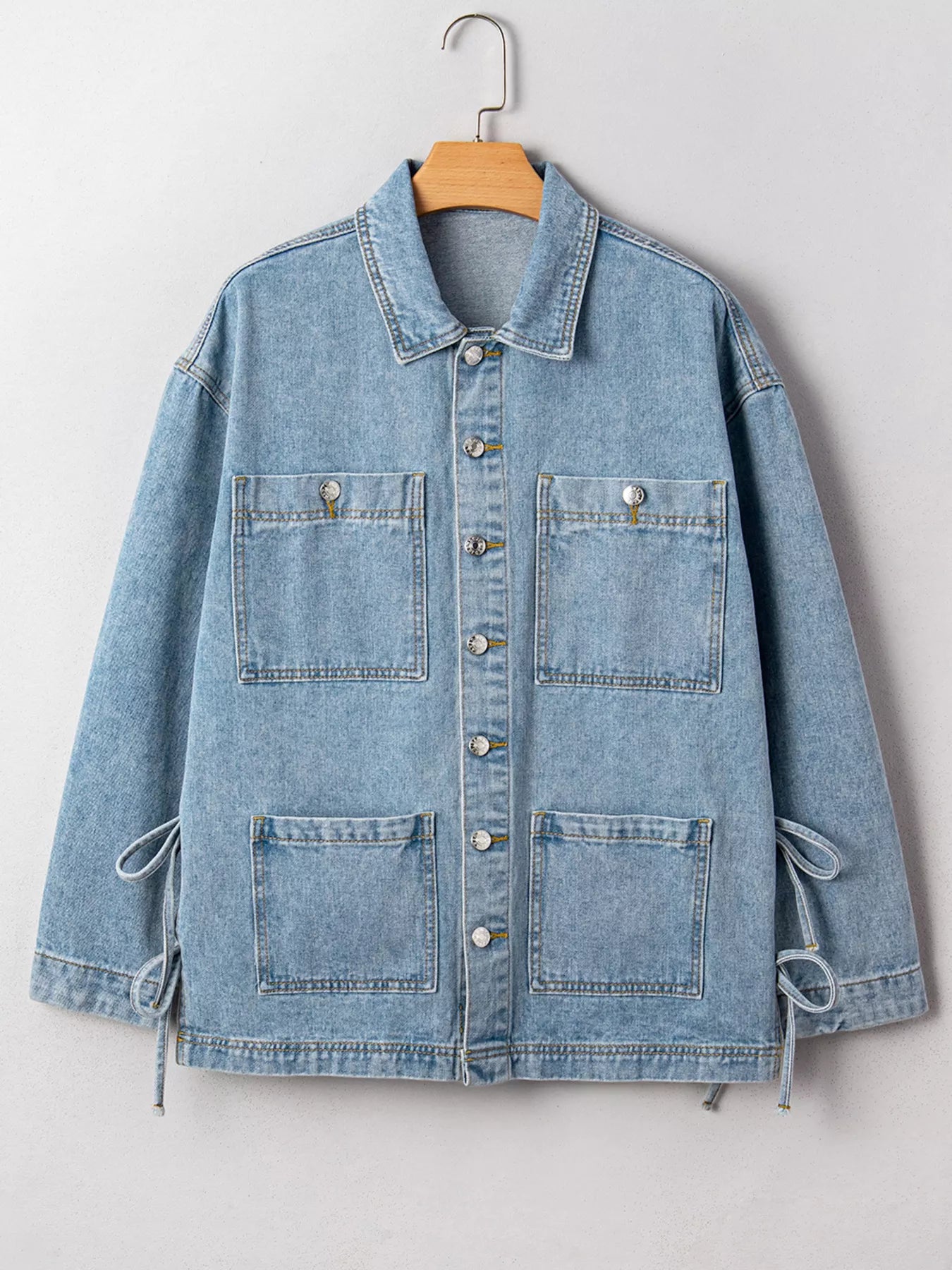 Patched Pockets Side Tie Denim Jacket - cas7m