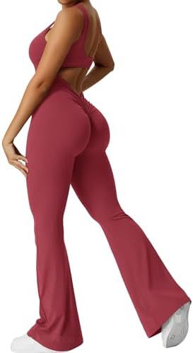 Women Sleeveless Flare Jumpsuits Fitness Yoga Long Pants - cas7m