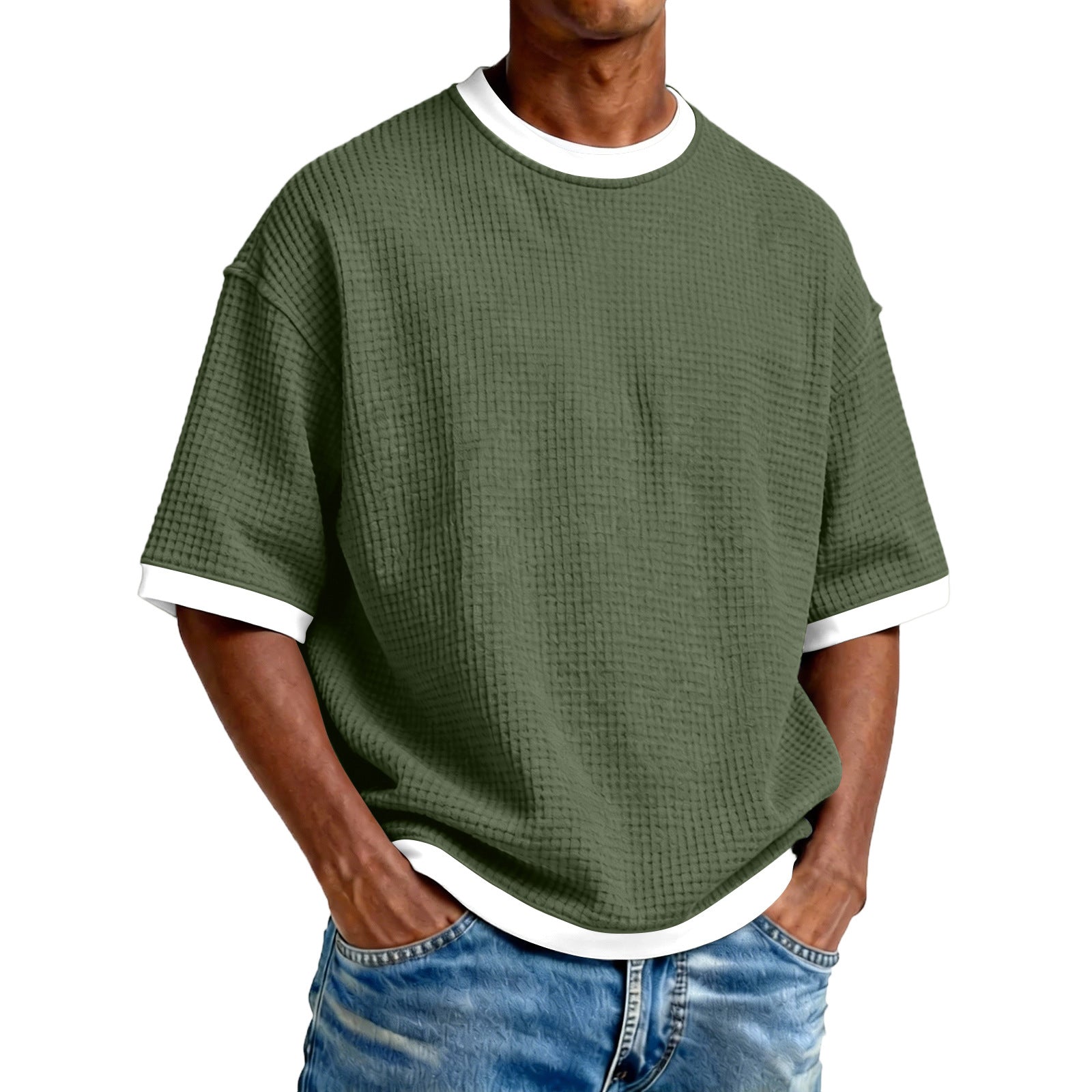 Men's Crew Neck Contrast Color Casual T-Shirt - Cotton Blend Lightweight Short Sleeve Top For Daily Wear - cas7m