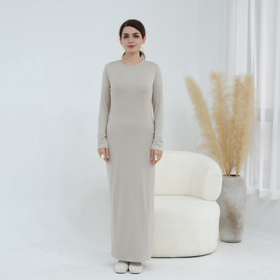 Plus-size Stretchy Long-sleeve Slip Dress - cas7m
