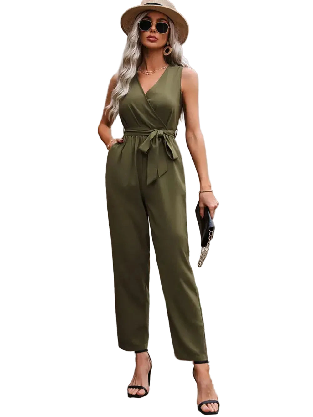 Surplice Tie Waist Sleeveless Jumpsuit - cas7m