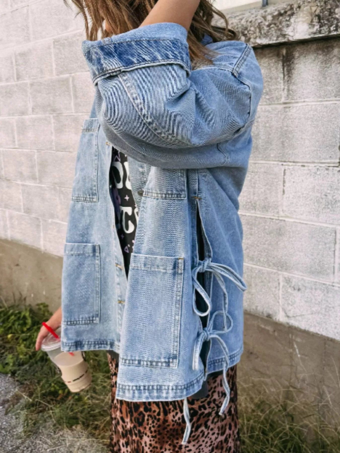 Patched Pockets Side Tie Denim Jacket - cas7m
