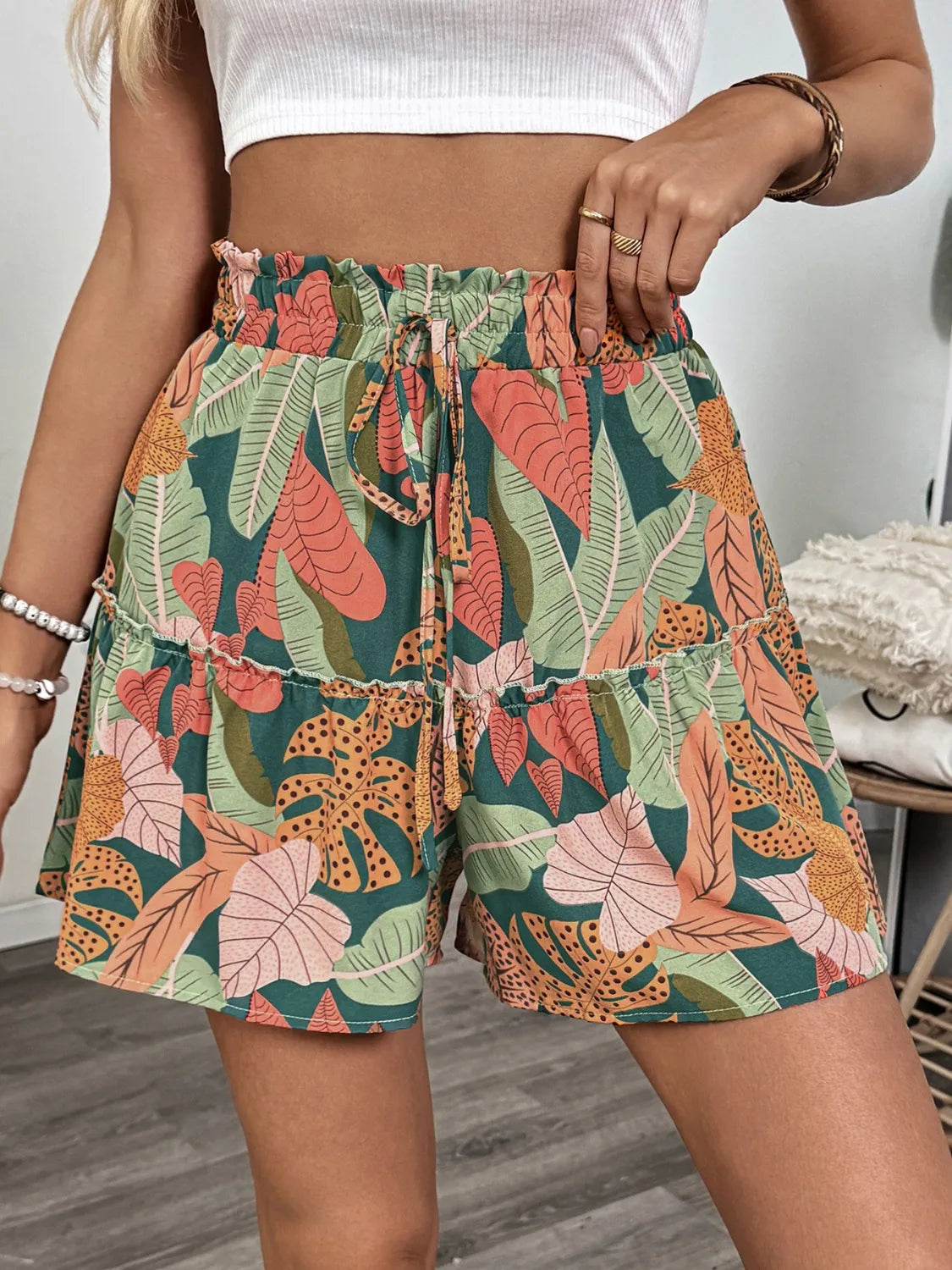 Tropical Print High Waist Shorts - cas7m