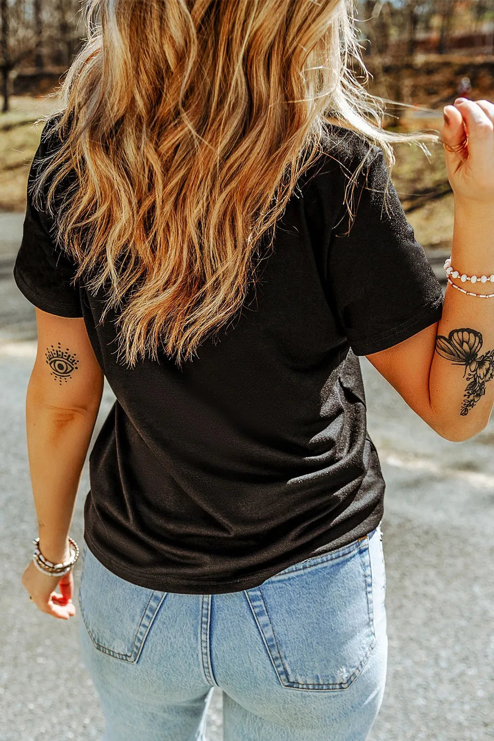 Bow Rhinestone Round Neck T-Shirt - cas7m
