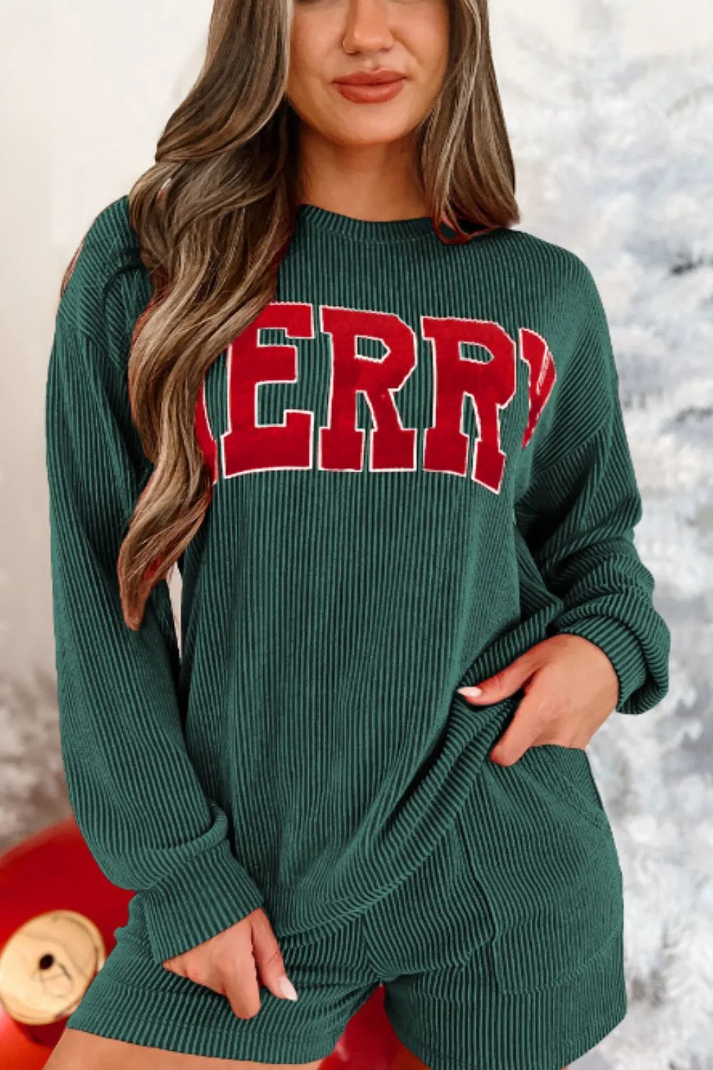 MERRY Round Neck Long Sleeve Top and Shorts Lounge Set - cas7m