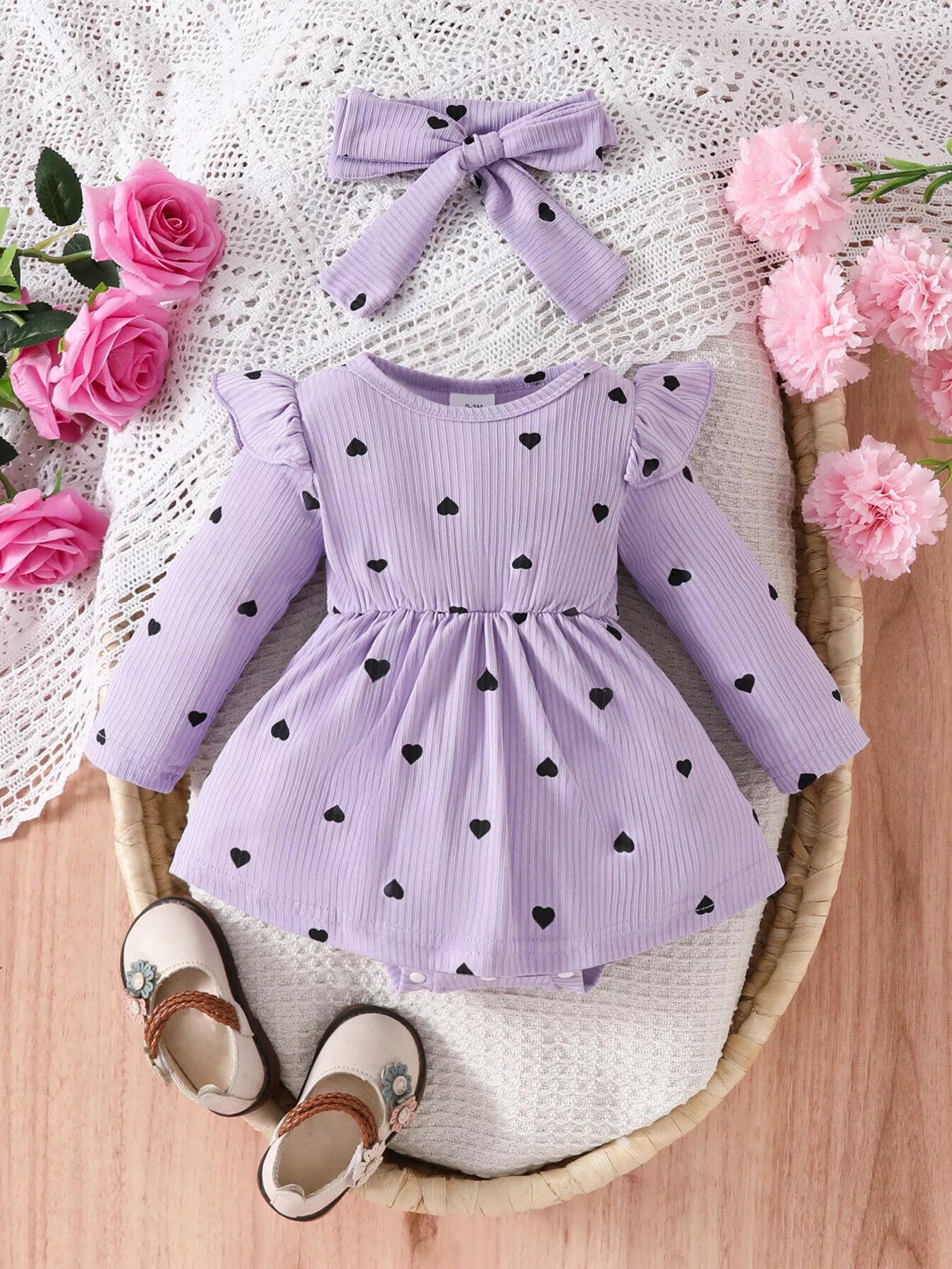 Children's Heart Print Ruffle Trim Bodysuit Dress with Headband - cas7m