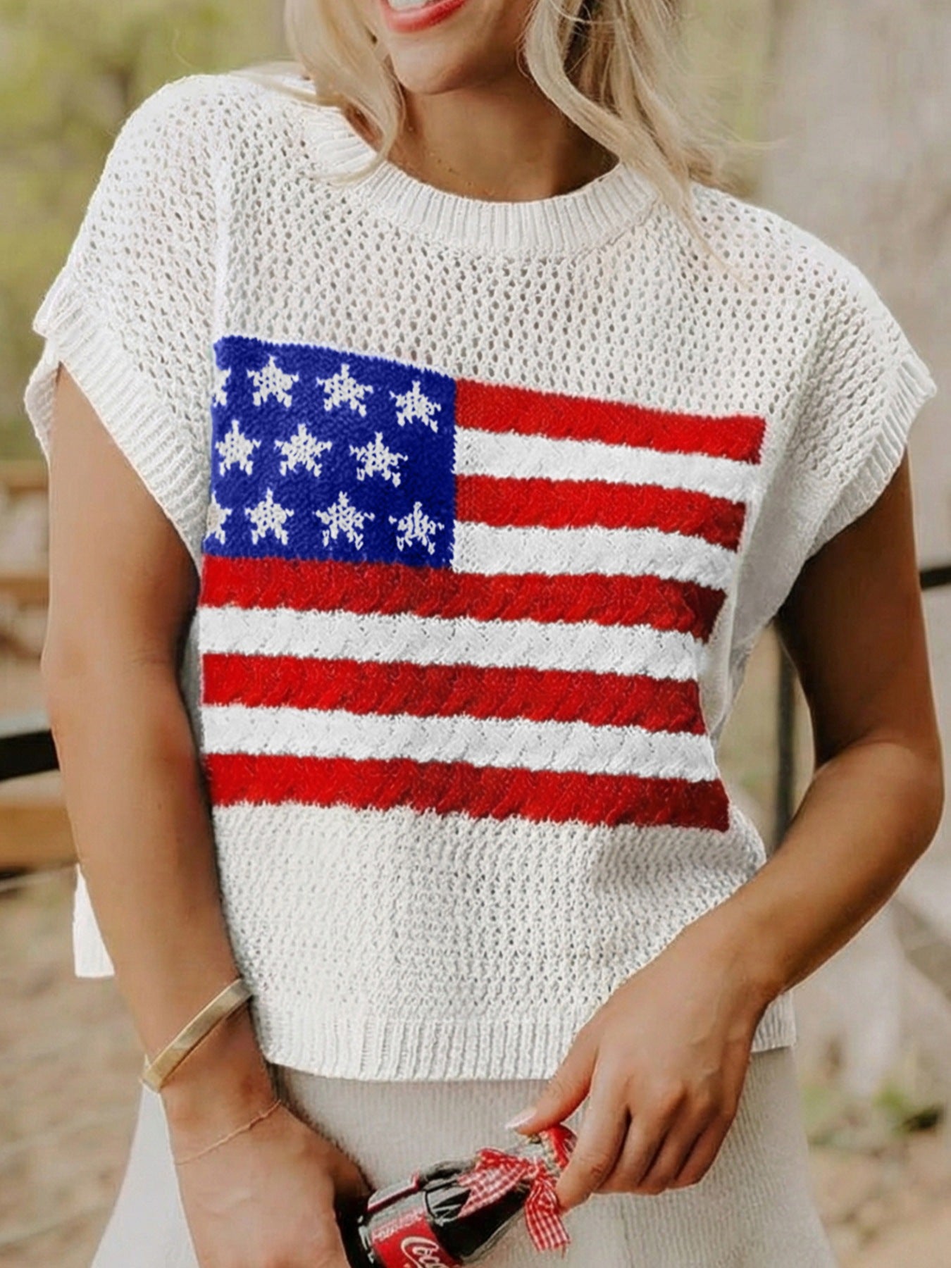 American Flag Knitted Short Sleeve Sweater - cas7m