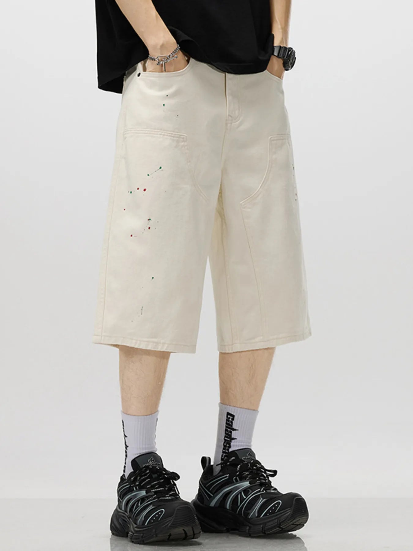 Men's Loose-Fit Splatter-Paint Denim Capris - cas7m