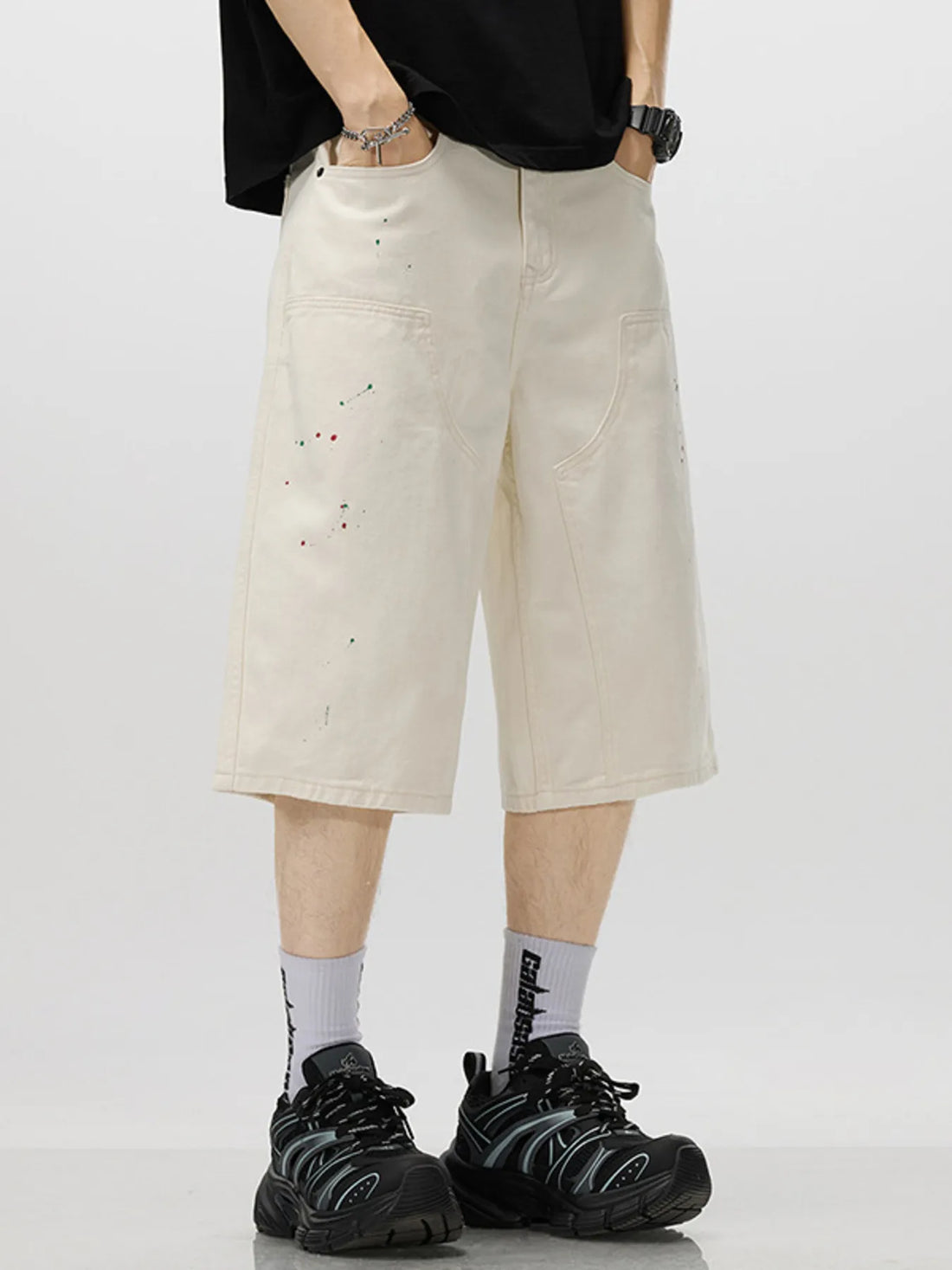 Men's Loose-Fit Splatter-Paint Denim Capris - cas7m