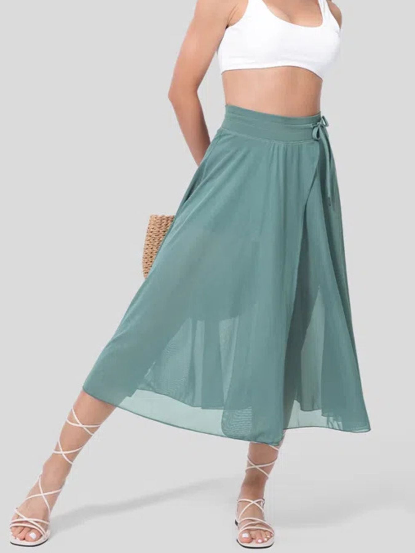 Slit Flowy Skirt with Shorts Liner - cas7m