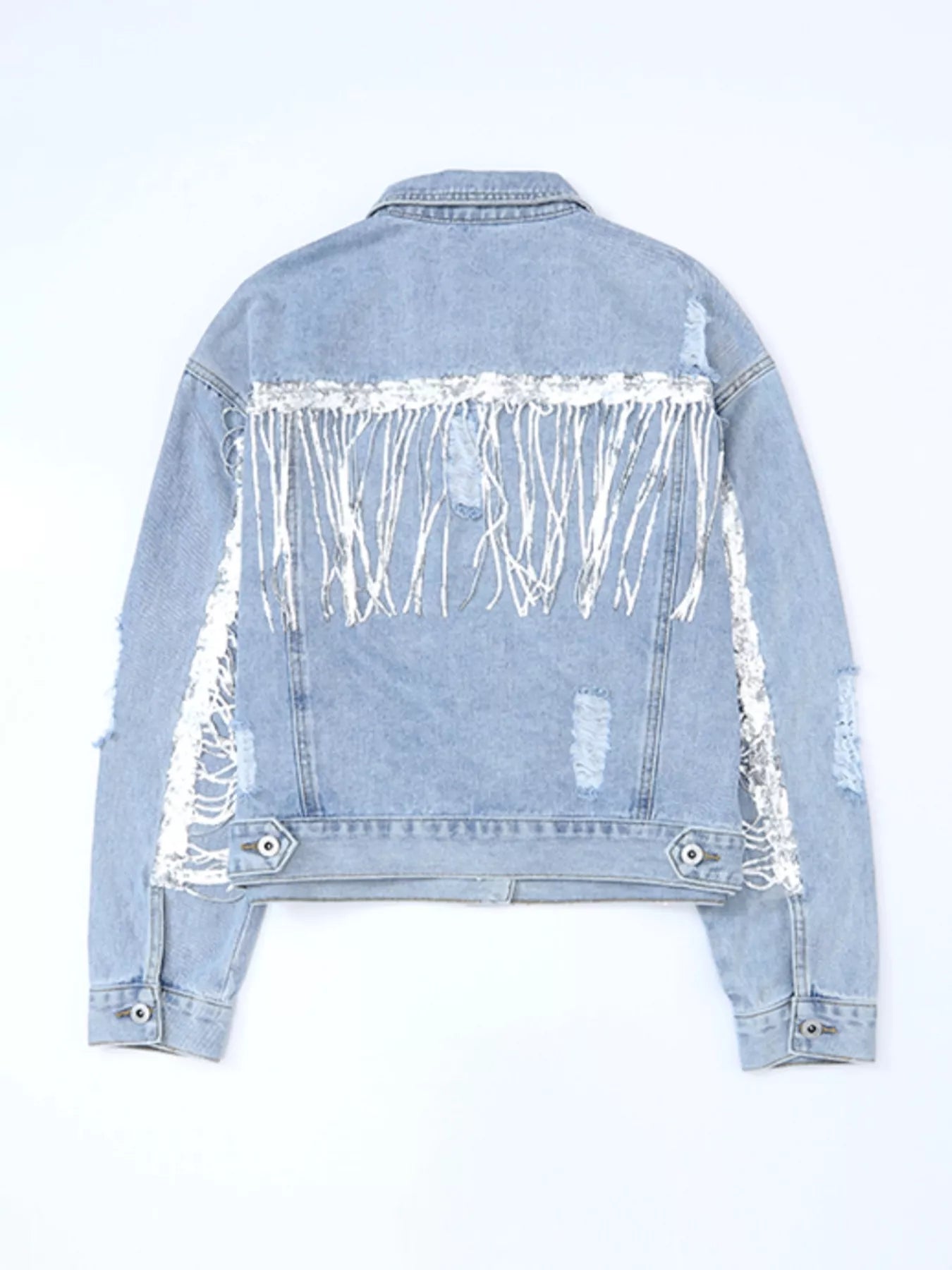 Fringed Sequin Embellished Denim Jacket - cas7m