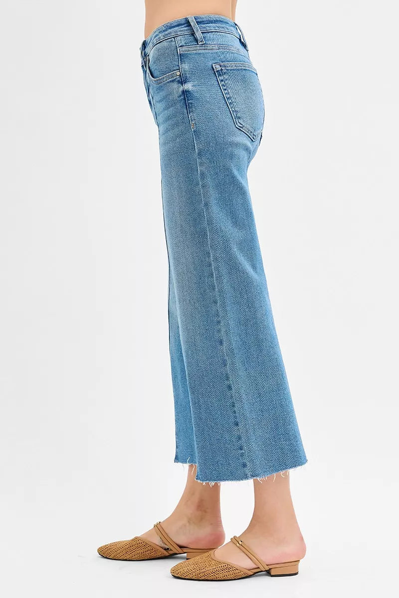 RISEN Tummy Control Mid Rise Crop Wide Front Slit Jeans - cas7m