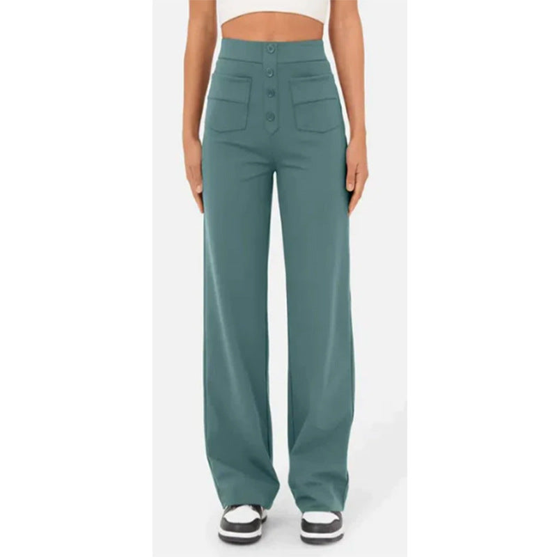 High Waist Trousers With Pockets Casual Loose Wide Leg Button Straight Pants Women's Clothing - cas7m