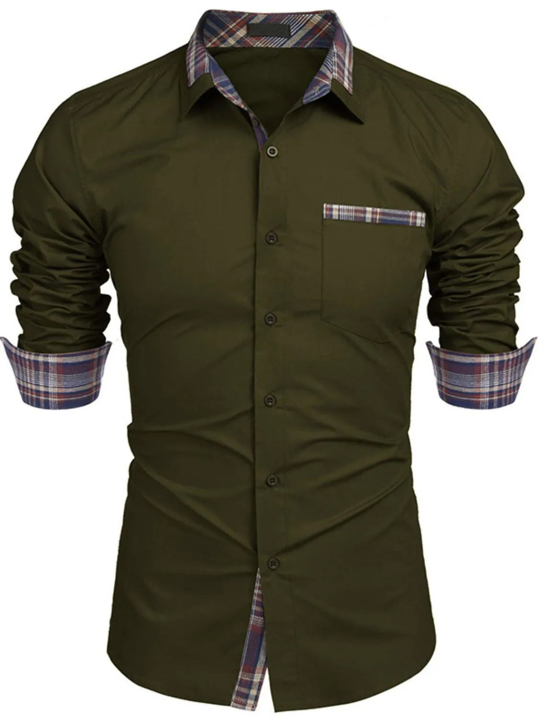 Men's Plaid Collared Neck Long Sleeve Shirt - cas7m