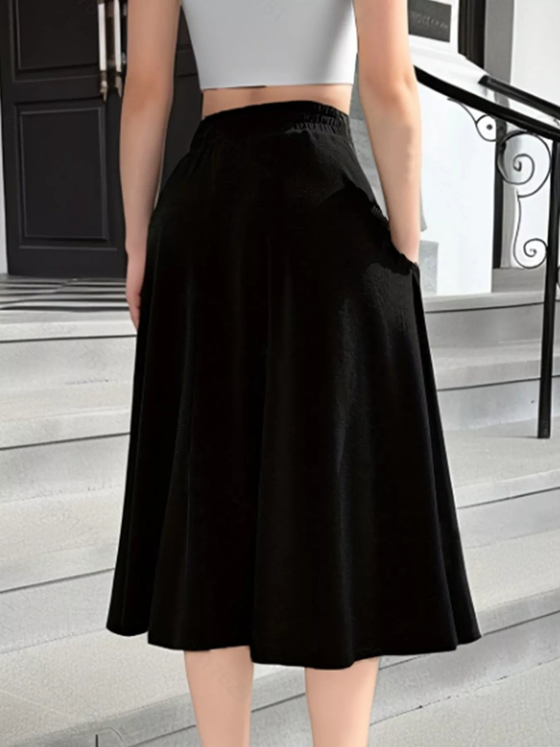 Elastic Waist A-Line Skirt with Pockets - cas7m