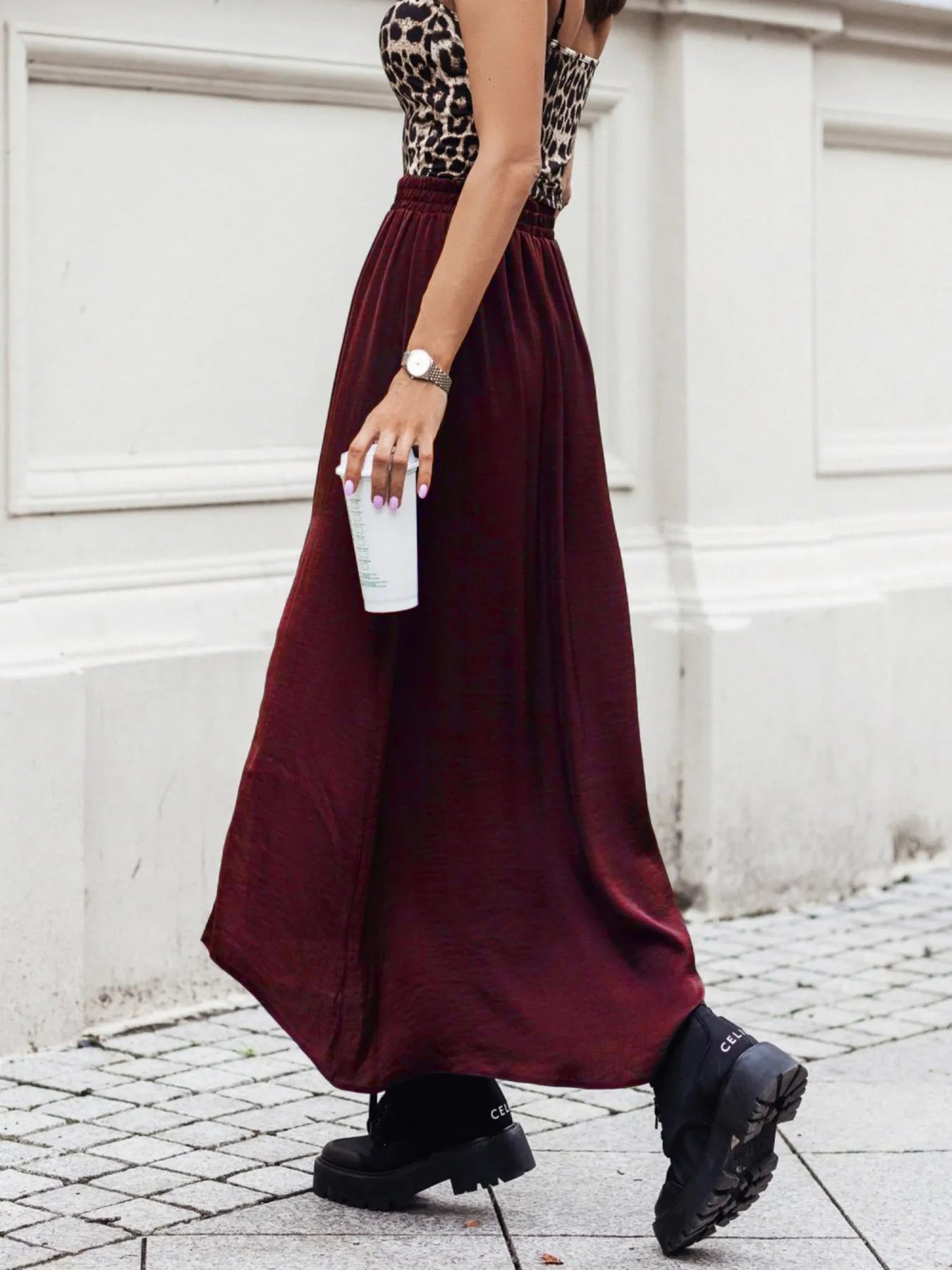 Elastic Waistband High-Slit Maxi Skirt - cas7m