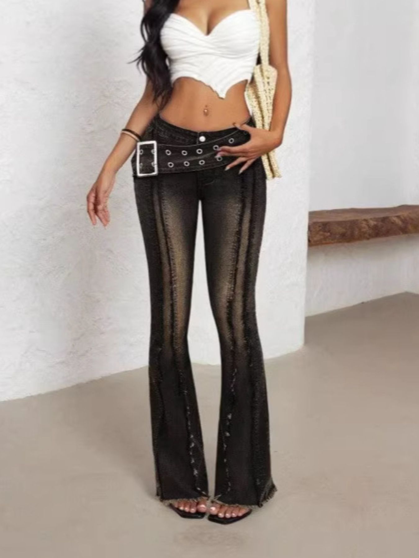 Belted High Waist Flare Jeans - cas7m