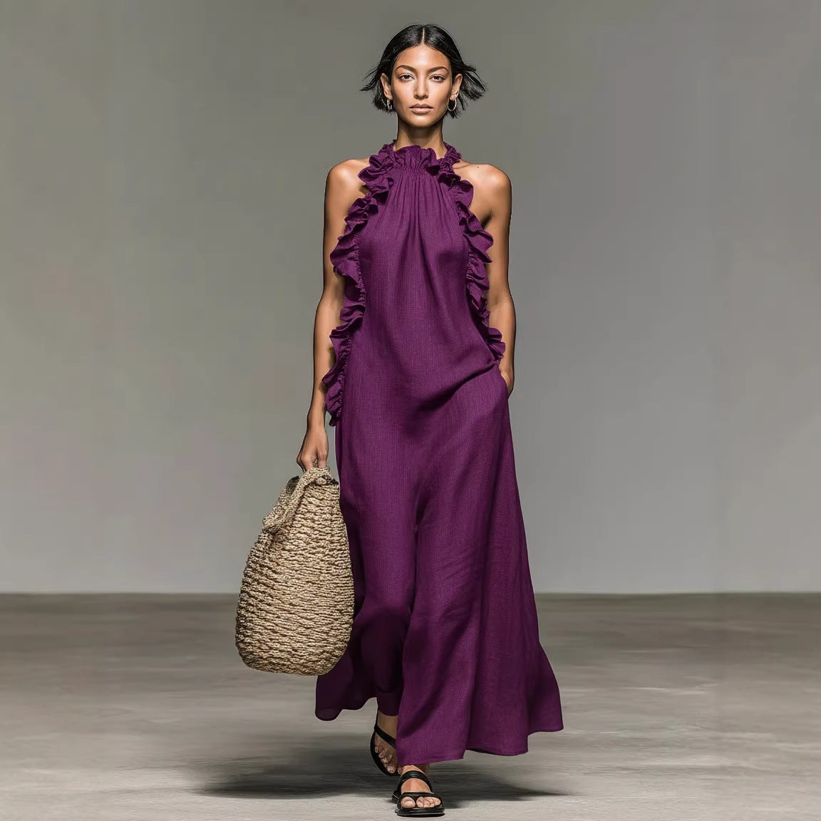 Resort Style Ruffled Halter Neck Sleeveless Maxi Dress - Loose Fit Flattering Flowy Skirt For Party Evening Gown - cas7m