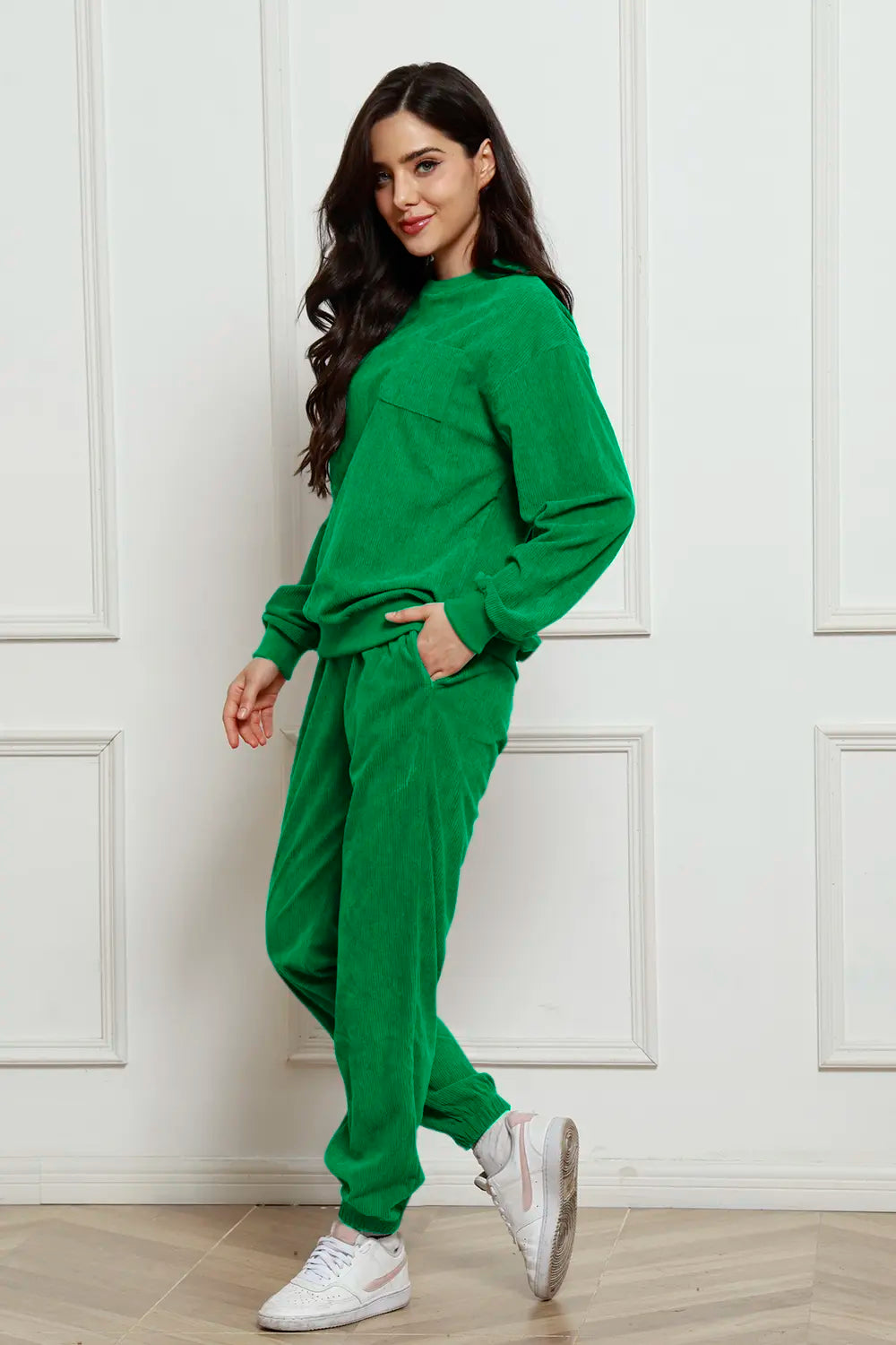 Corduroy Round Neck Sweatshirt and Sweatpants Set - cas7m