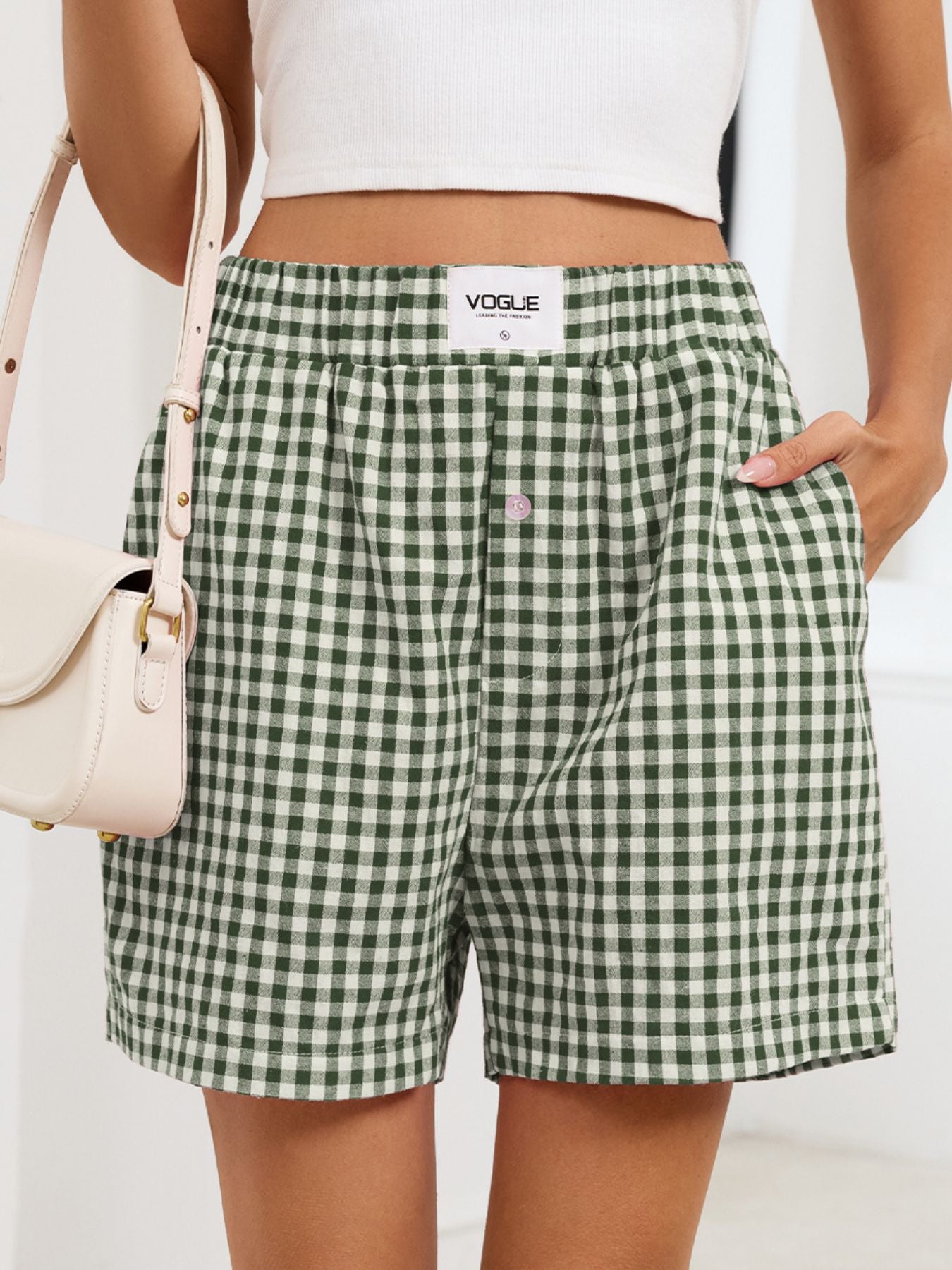Gingham Elastic Waist Casual Shorts - cas7m