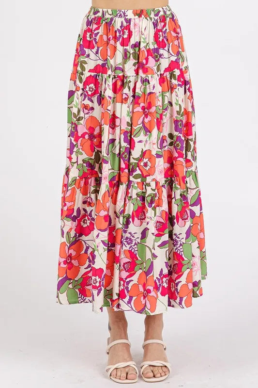 Mittoshop Flower Print Elastic Waist Tiered Skirt - cas7m