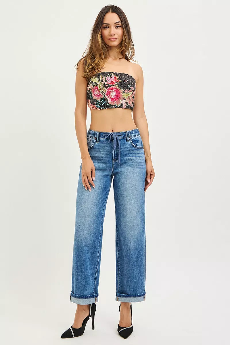 RISEN Elastic Band Slouch Ankle Boyfriend Cuffed Hem Jeans - cas7m