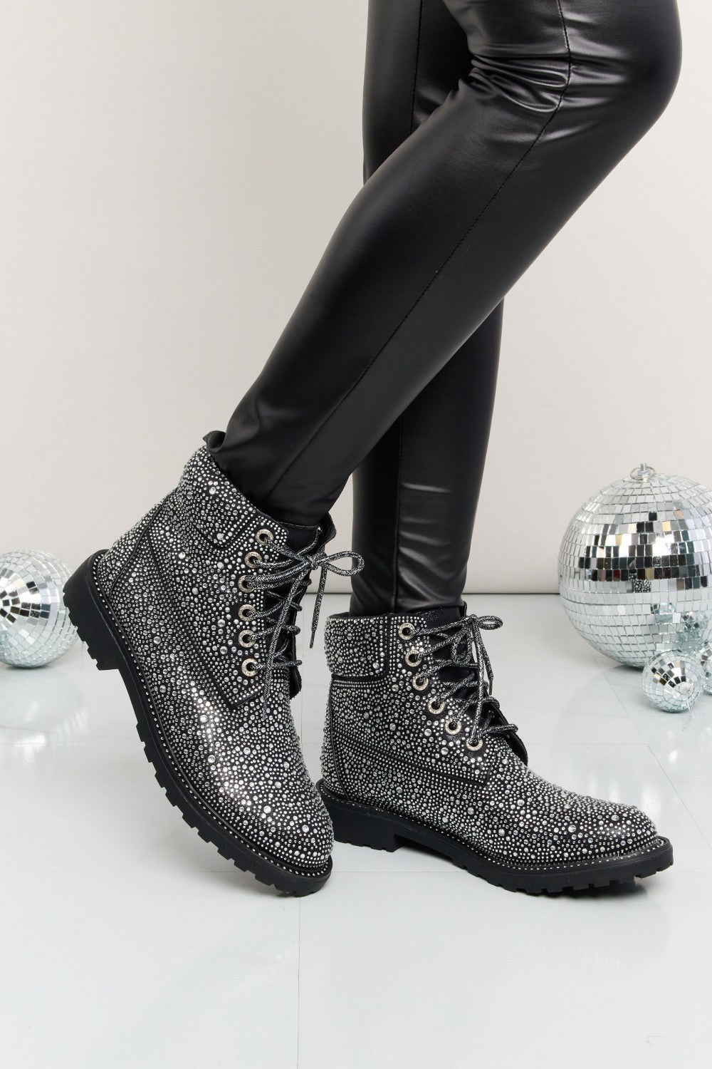Forever Link Rhinestone Lace-Up Combat Boots - cas7m