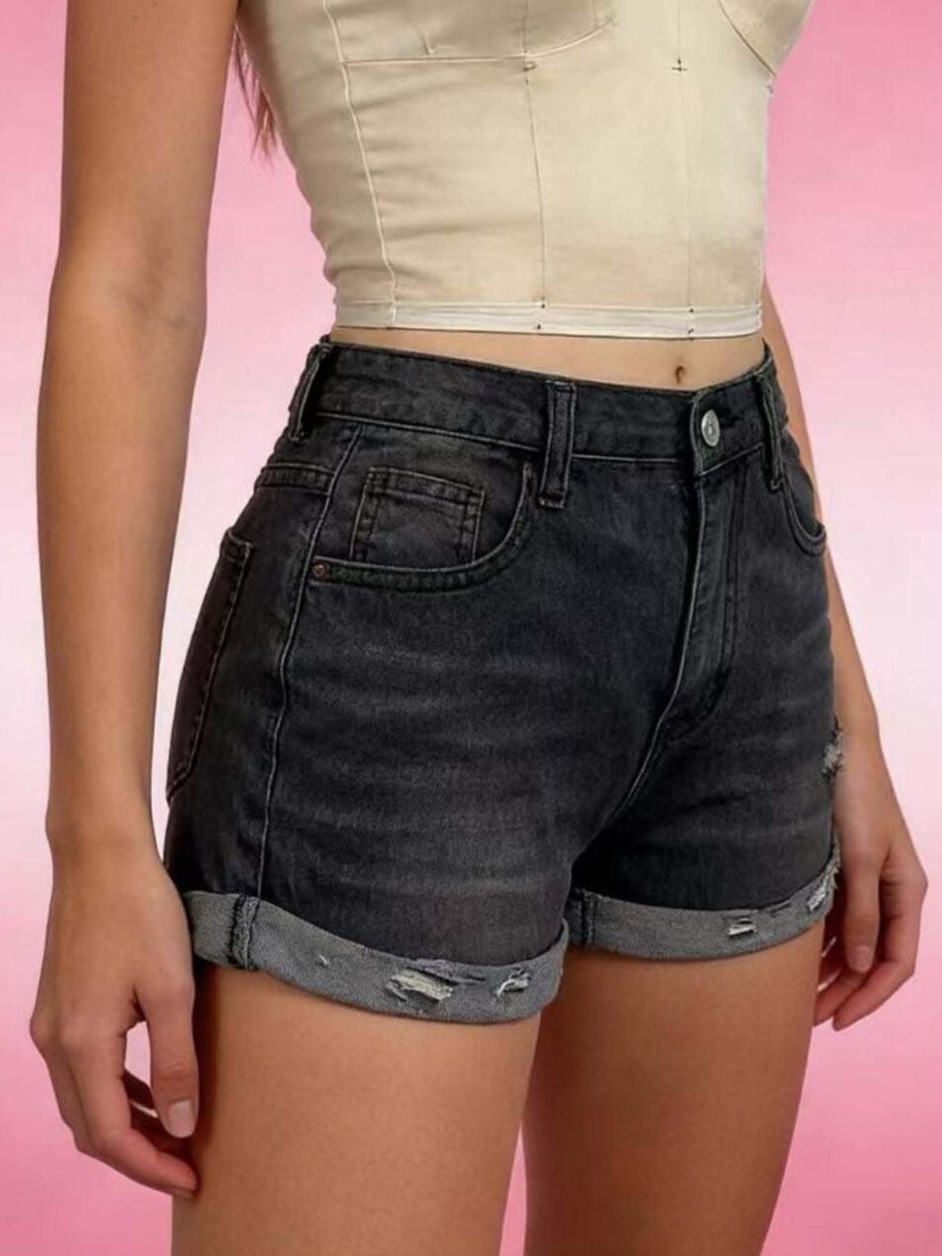 Distressed Denim Roll-Up Shorts - cas7m