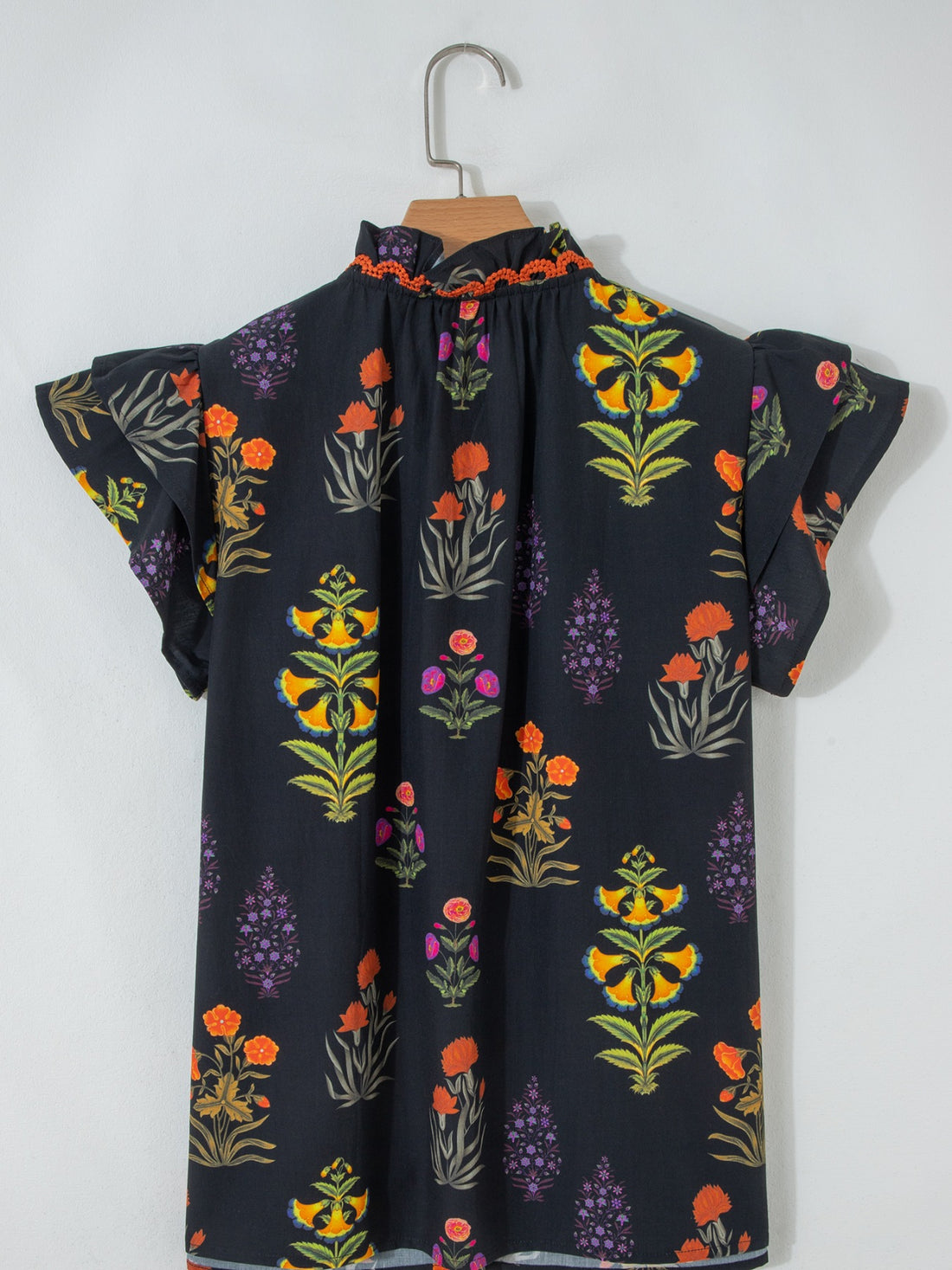 Floral Print Lace Trim Frilled V Neck Short Sleeve Shirt - cas7m
