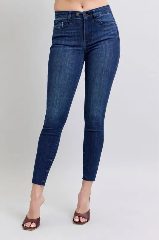 Judy Blue Full Size Mid Rise Skinny Jeans with Raw Hem Plus Size - cas7m
