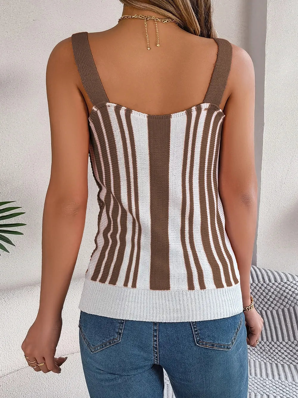 Openwork Striped V-Neck Tank - cas7m