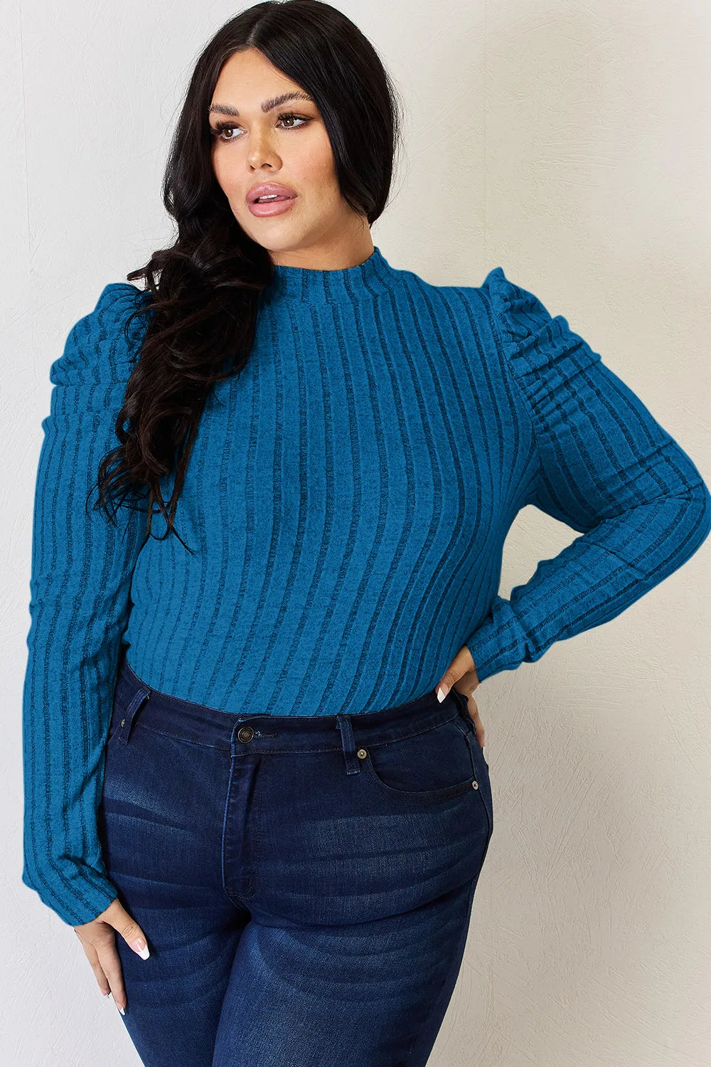 Basic Bae Full Size Ribbed Mock Neck Puff Sleeve T-Shirt - cas7m