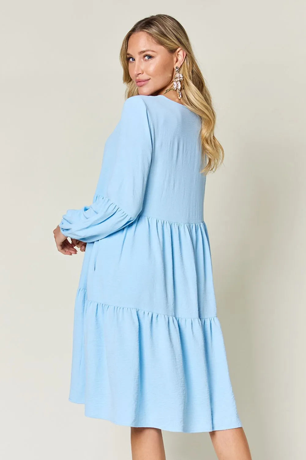Double Take Full Size V-Neck Balloon Sleeve Tiered Dress with Pockets - cas7m