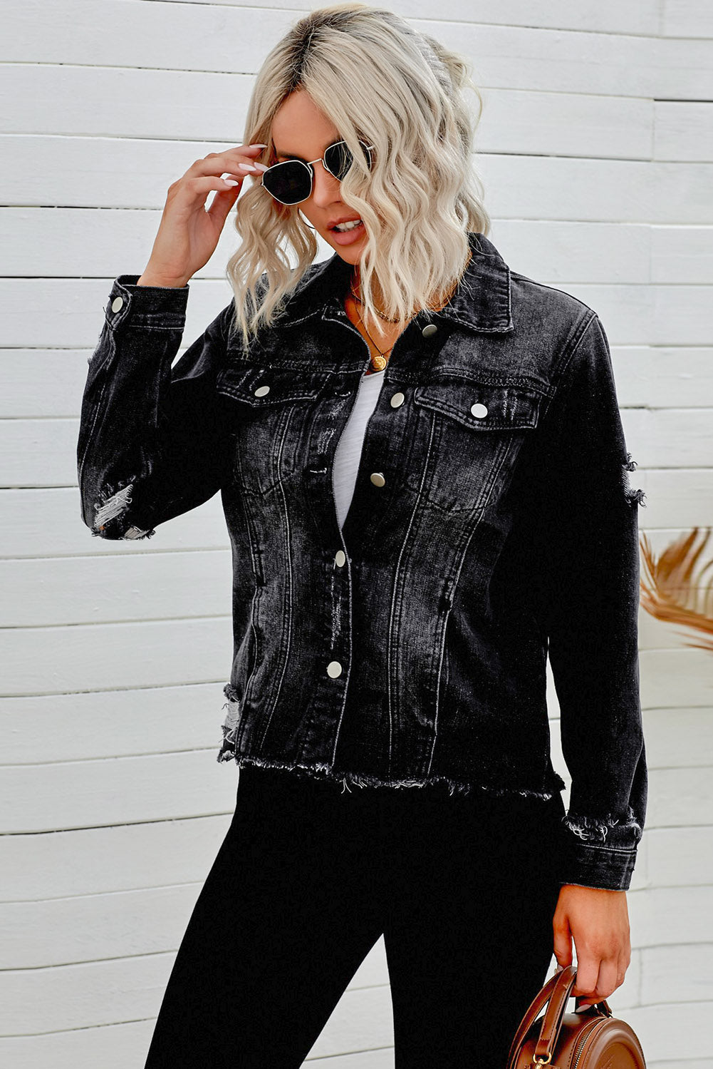 Distressed Raw Hem Buttons Denim Jacket - cas7m