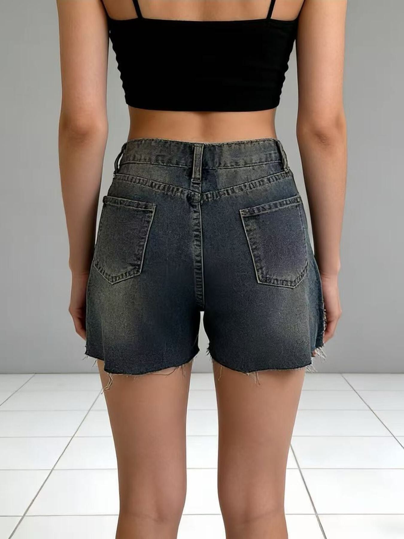Distressed Slit Denim Shorts - cas7m
